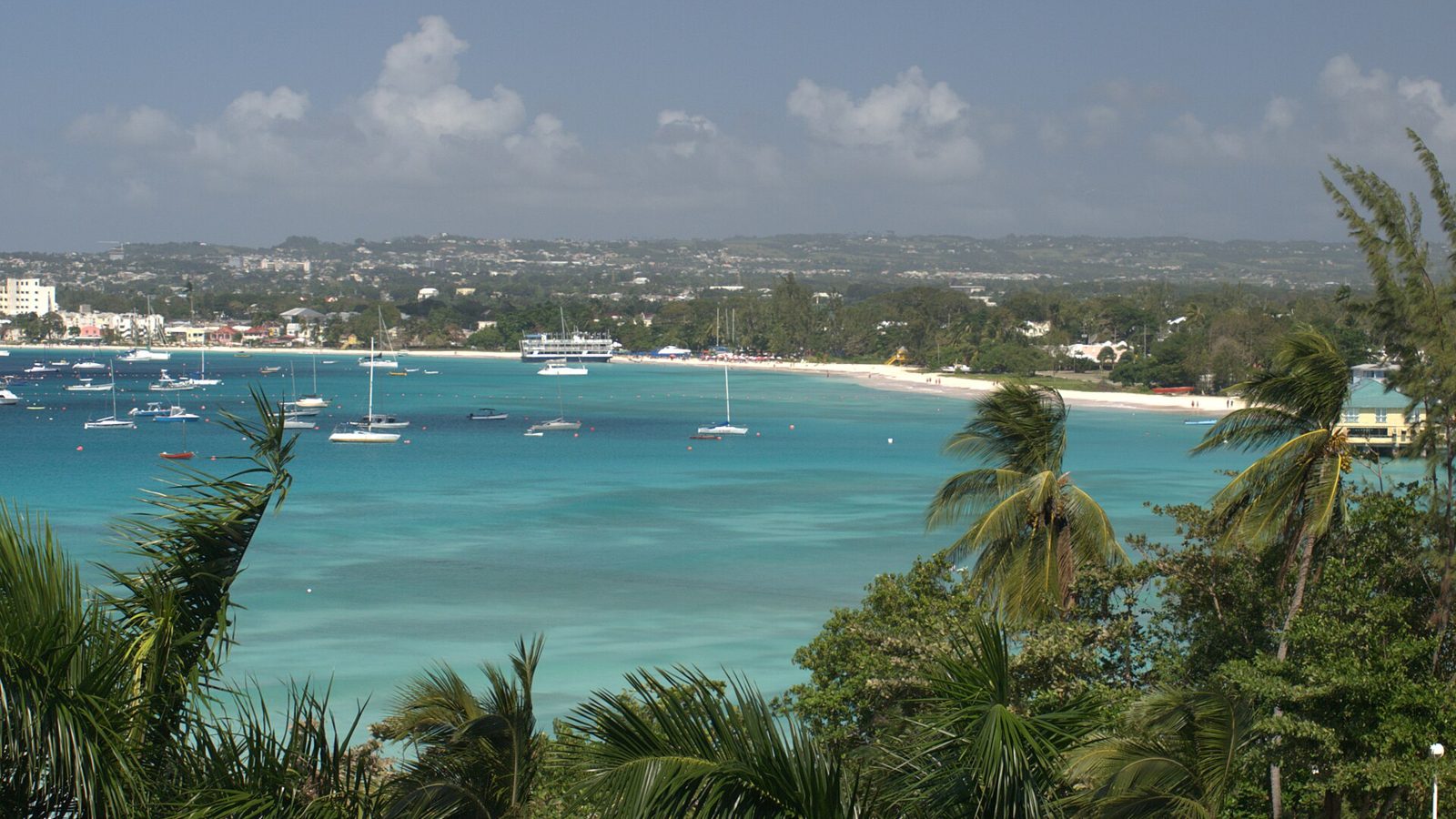 Turquoise water and sailboats in Carlisle Bay, Barbados, framed by palm trees.